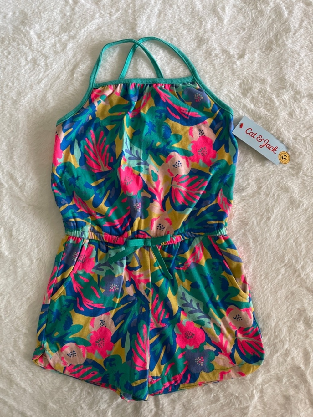 Cat & Jack Teal-Strap Tropical Floral Romper SZ S (6/6X)